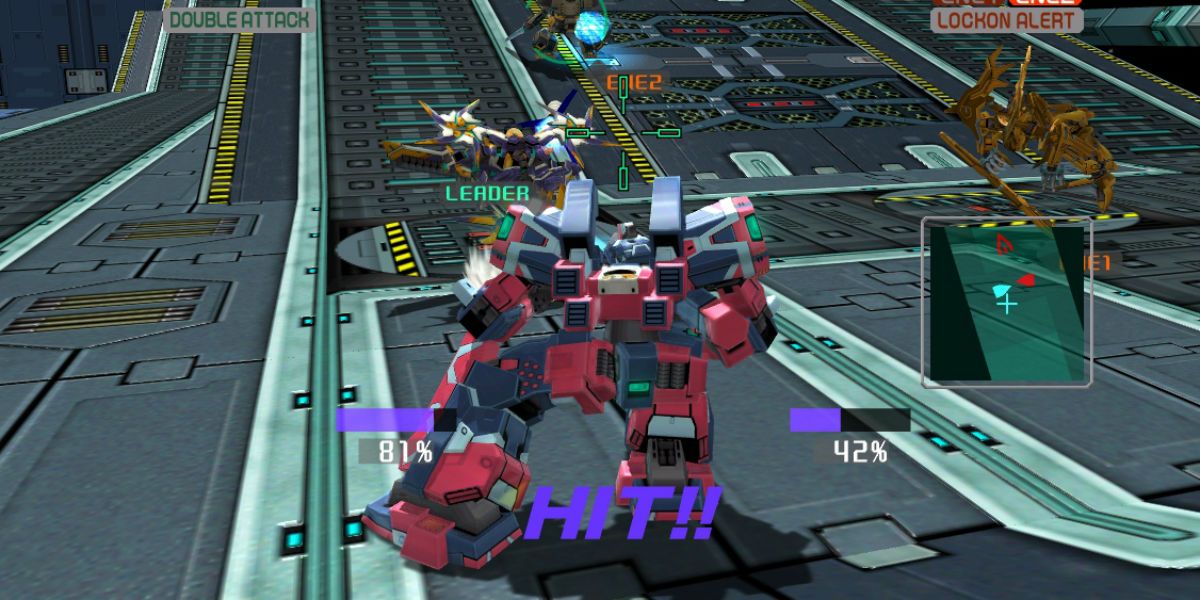 An image of actual gameplay from the arcade game Virtual On: Cyber Troopers