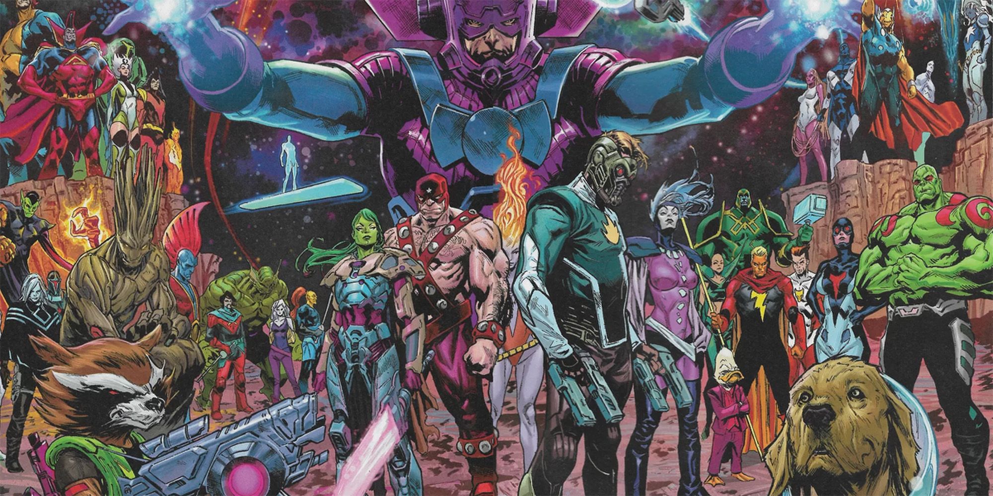 The various rosters of the Guardians of the Galaxy combined while Galactus stands over top of them