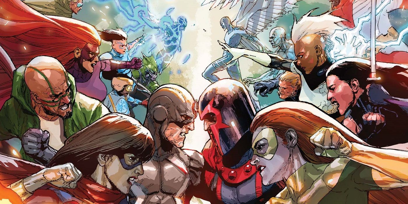 Comic Book Art Of The X-Men Vs The Inhumans, With The Inhumans On The Left And The X-Men On The Right
