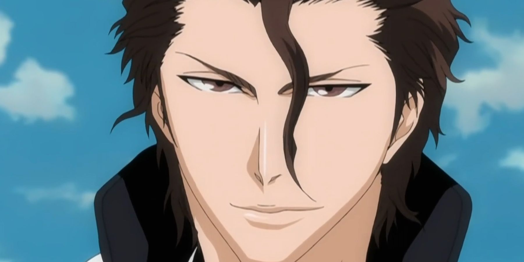 Sosuke Aizen, the former Soul Society Captain, smilingly with an evil grin during Bleach