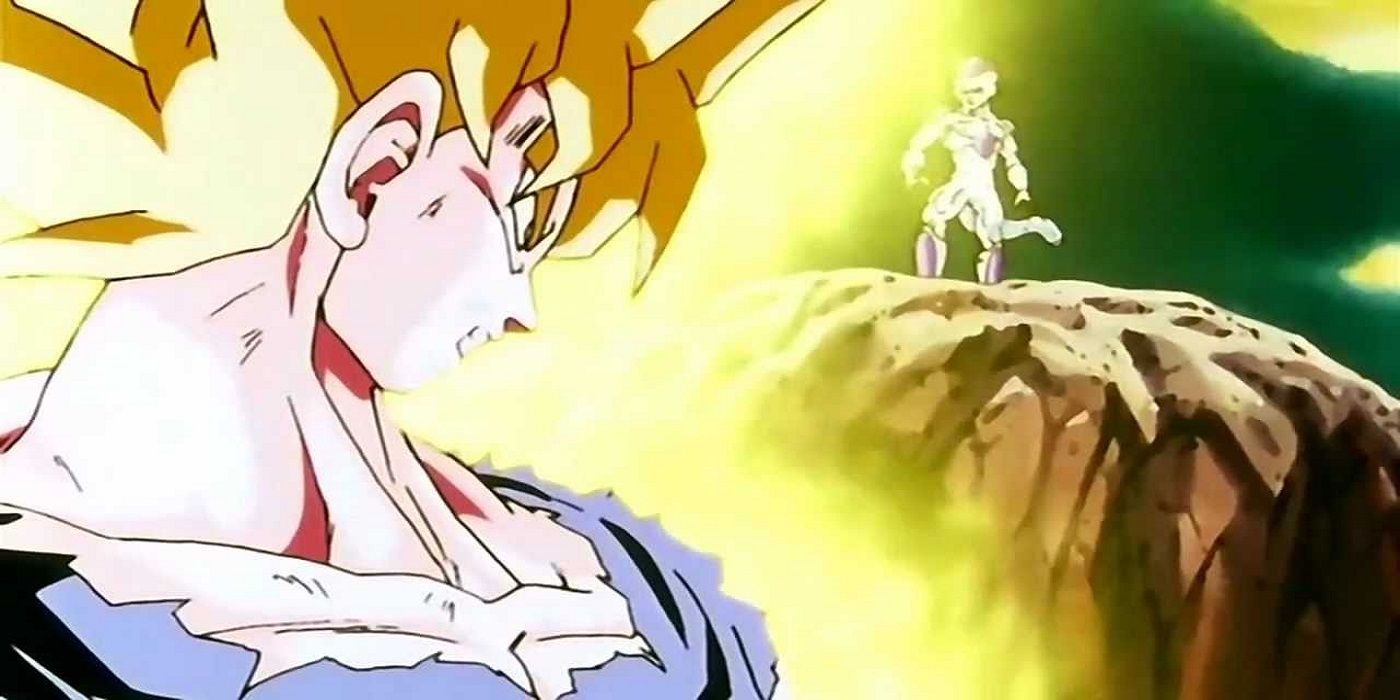 Super Saiyan Goku stares down a scared Frieza in Dragon Ball Z