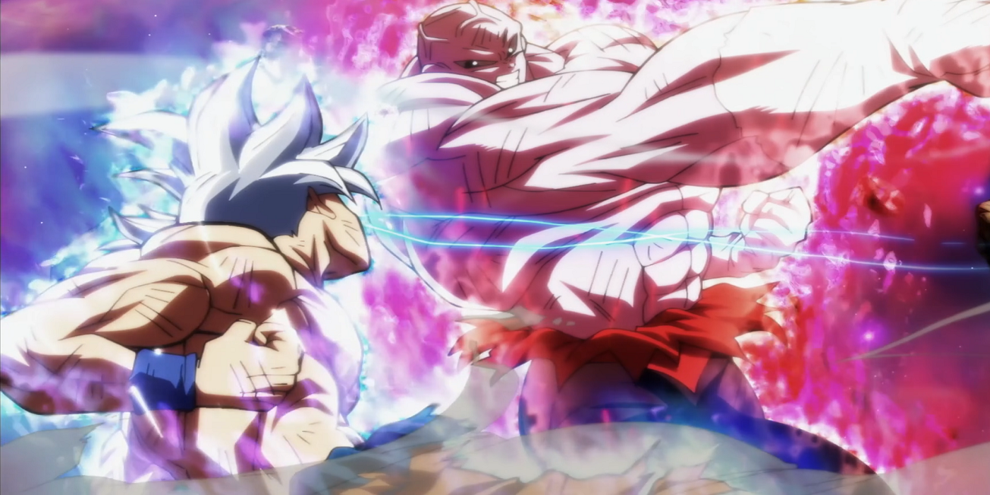 Ultra Instinct Goku dodges Jiren's punch in the Tournament of Power in Dragon Ball Super