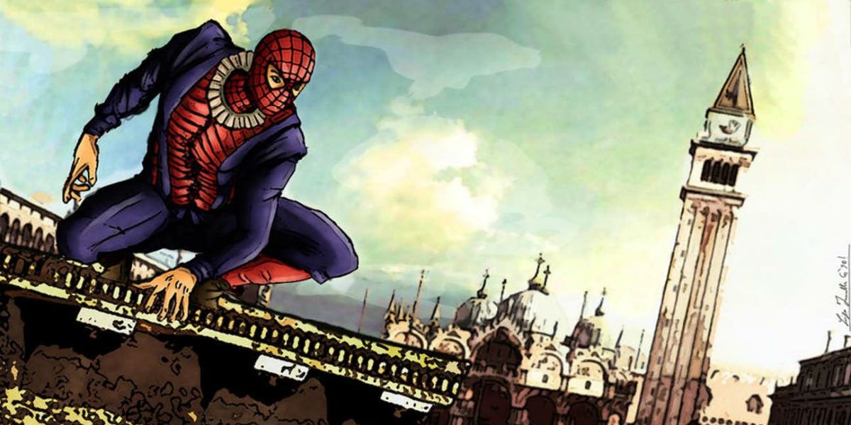 Peter Parquagh in a classic Spider-Man pose, looking out over England in the year 1602