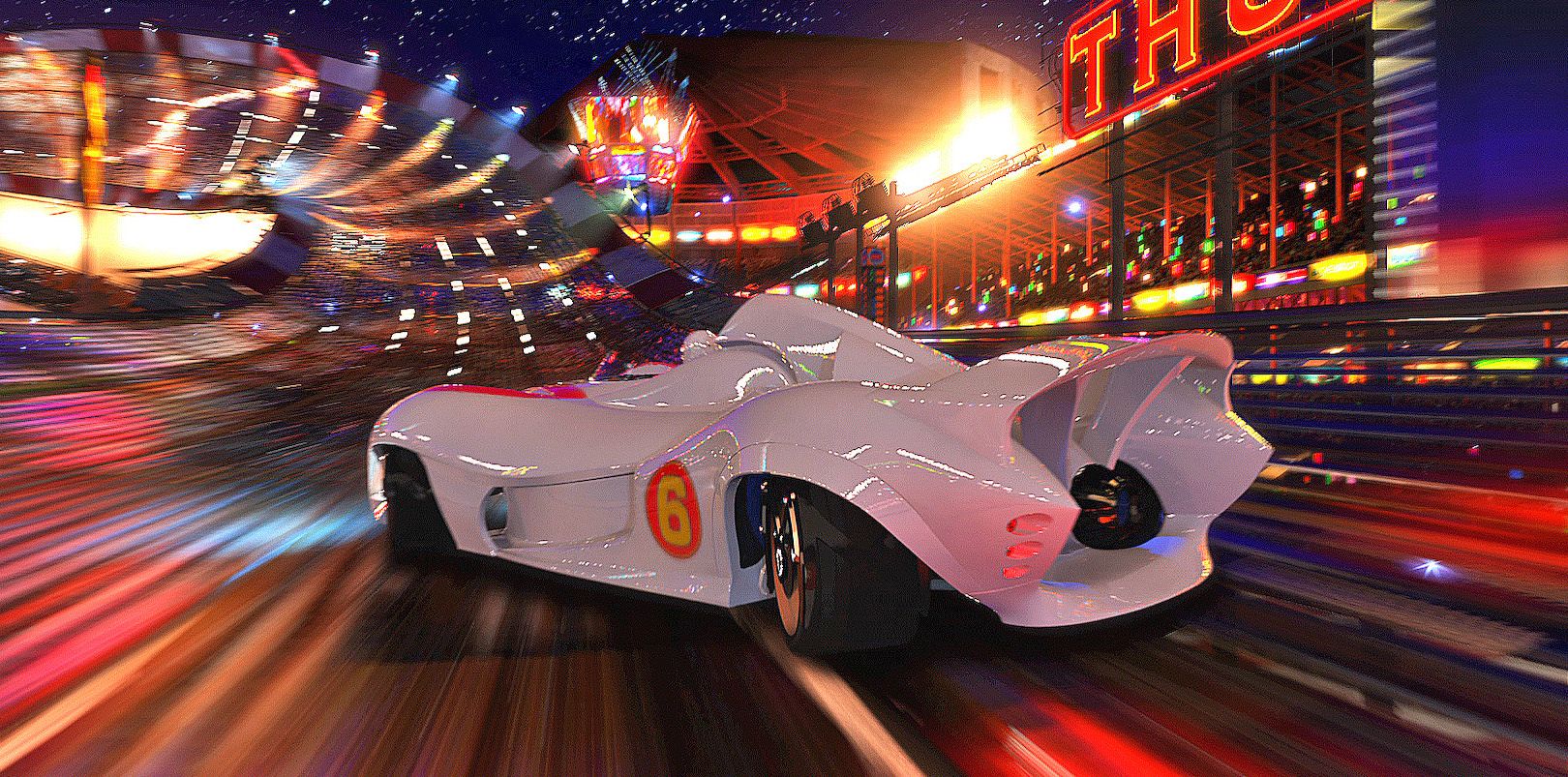 The Mach-5 speeding through the streets in the Speed Racer movie