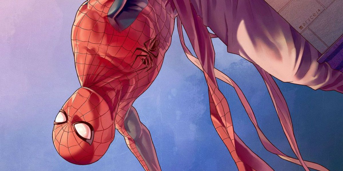 Spider-Man India poses upside down in his Spider-Man uniform in Marvel Comics