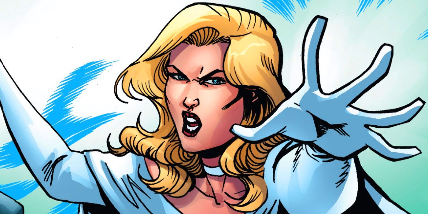 Emma Frost from X-Men Marvel Comics holding her hands out towards the reader and looking angry