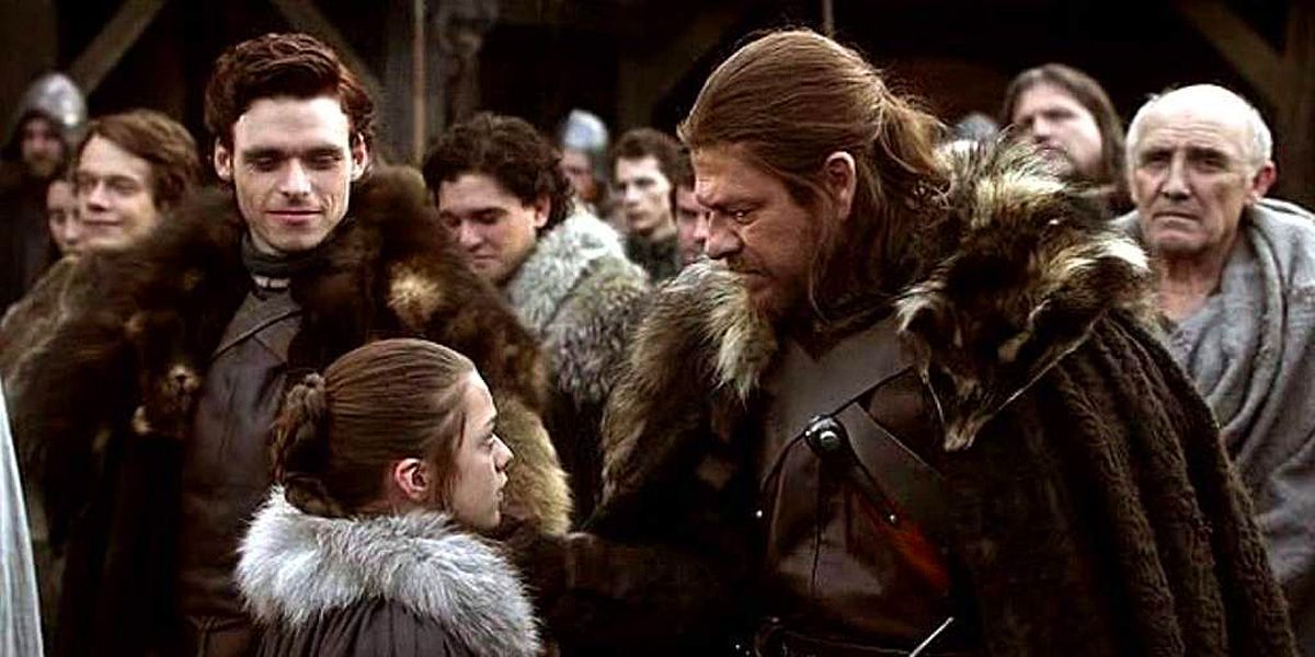 Robb, Ned and Arya Stark in Game of Thrones