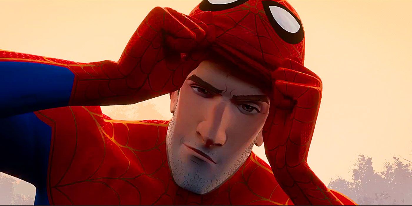 Peter Parker puts on his Spider-Man mask in Spider-Man: Into the Spider-Verse