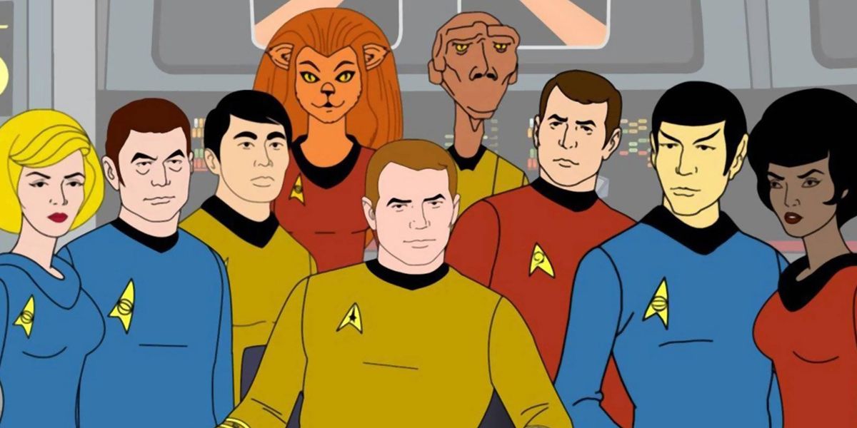 Star Trek animated series cast looking onward at something.