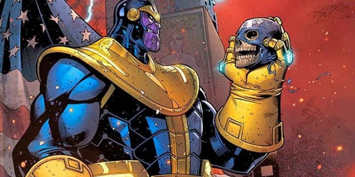 Thanos holding Captain America's skull in Marvel Comics