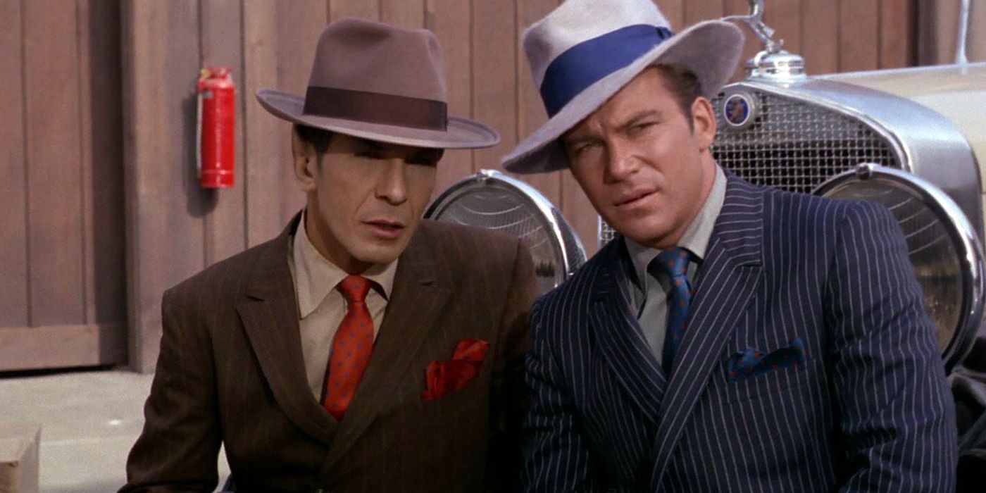 Captain Kirk and Mr. Spock wear 1920s attire in Star Trek "A Piece of the Action"