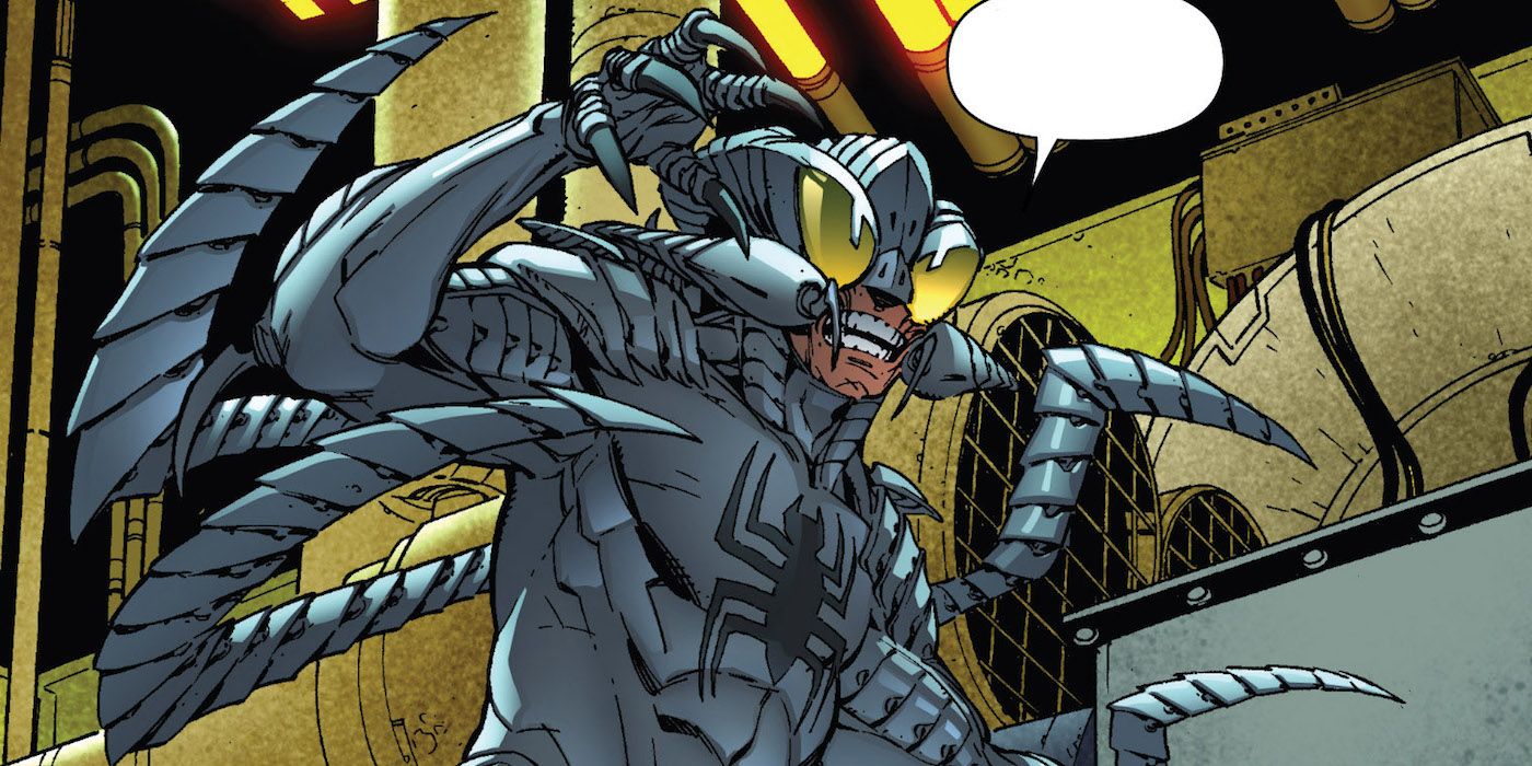 Alistair Smythe in his Cyber armor ready to attack Spider-Man in Marvel Comics