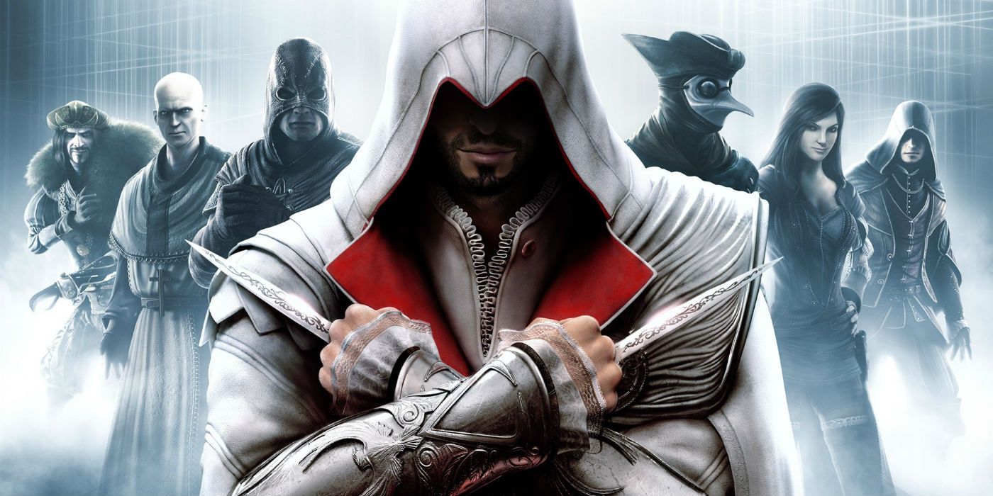Ezio holding two knives in front of other Assassin's Creed Brotherhood characters