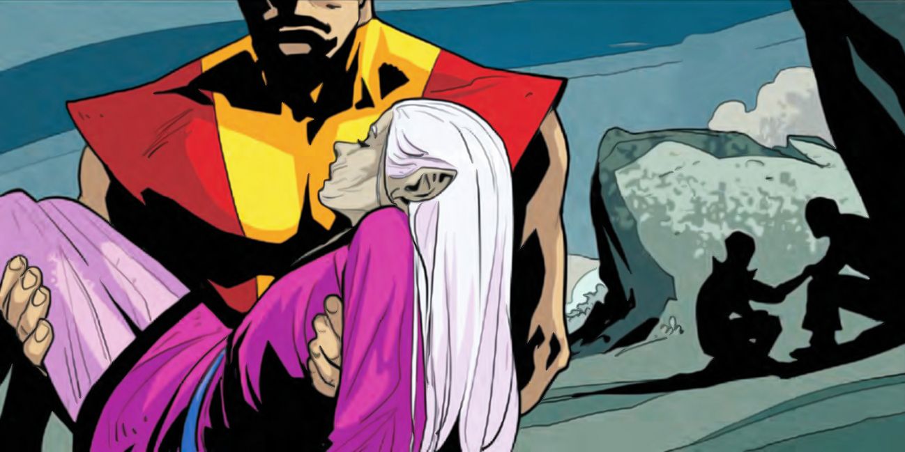 Colossus carries Zsaji in his arms.