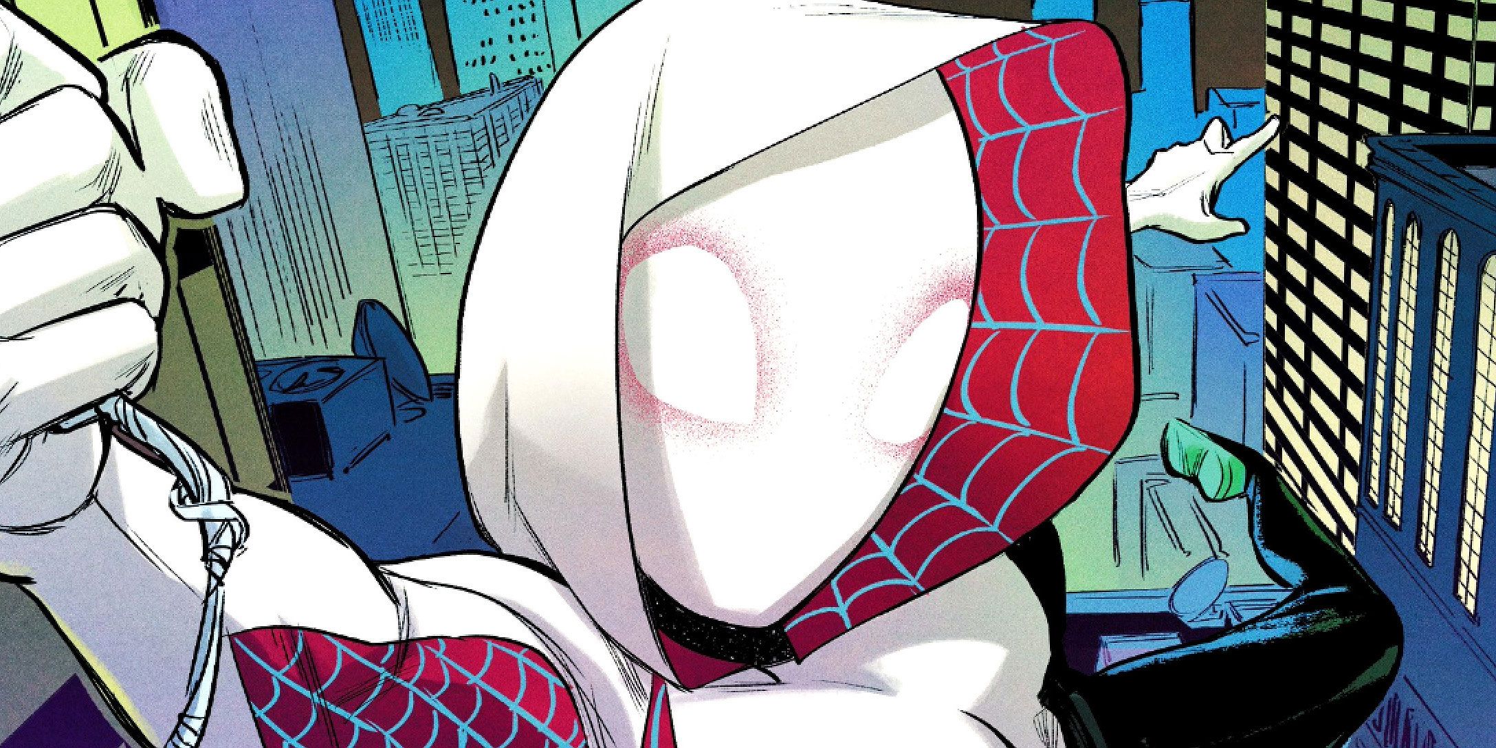 Gwen Stacy swinging across the city as Ghost-Spider