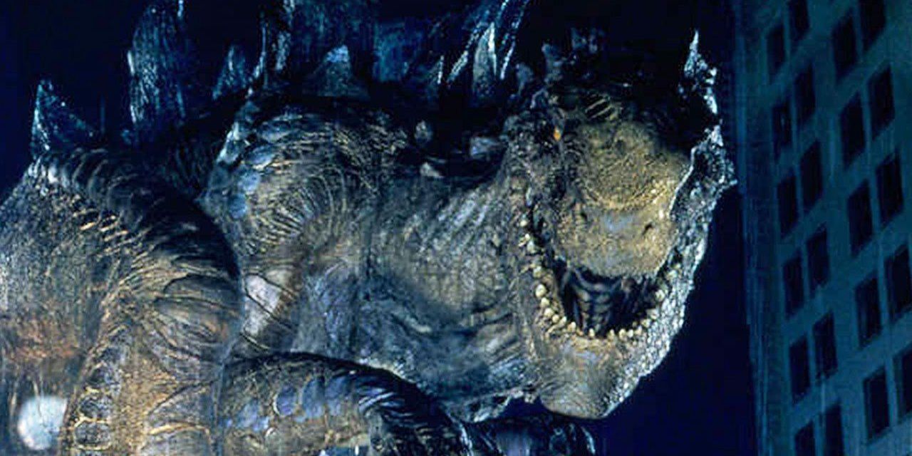 Kaiju Zilla roaring in a city in the 1998 Godzilla movie