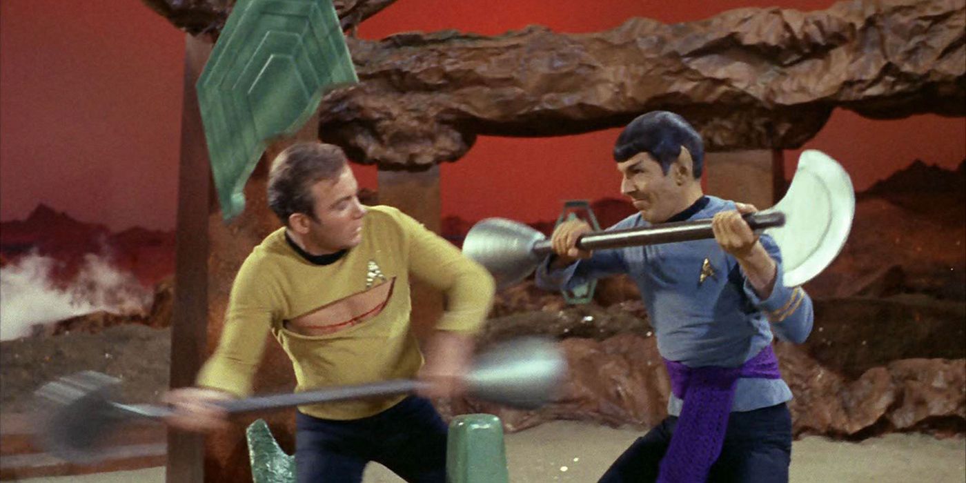 Star Trek's Kirk and Spock battle in a scene from Amok Time
