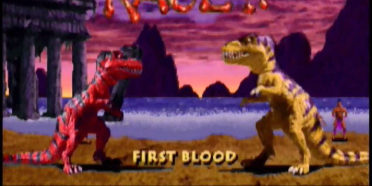 An image of actual gameplay from the arcade game Primal Rage