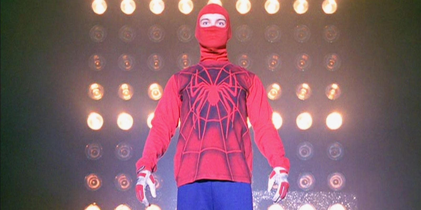 Tobey Maguire's Spider-Man wrestling suit in Sam Raimi's Spider-Man film.