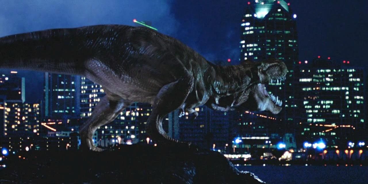 O T-Rex do Lost World Jurassic Park rugindo na frente de San Diego