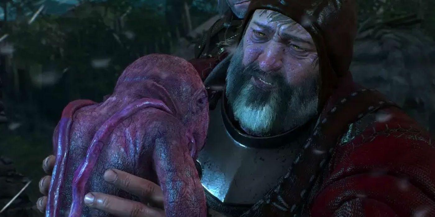 A character holding a Botchling in The Witcher