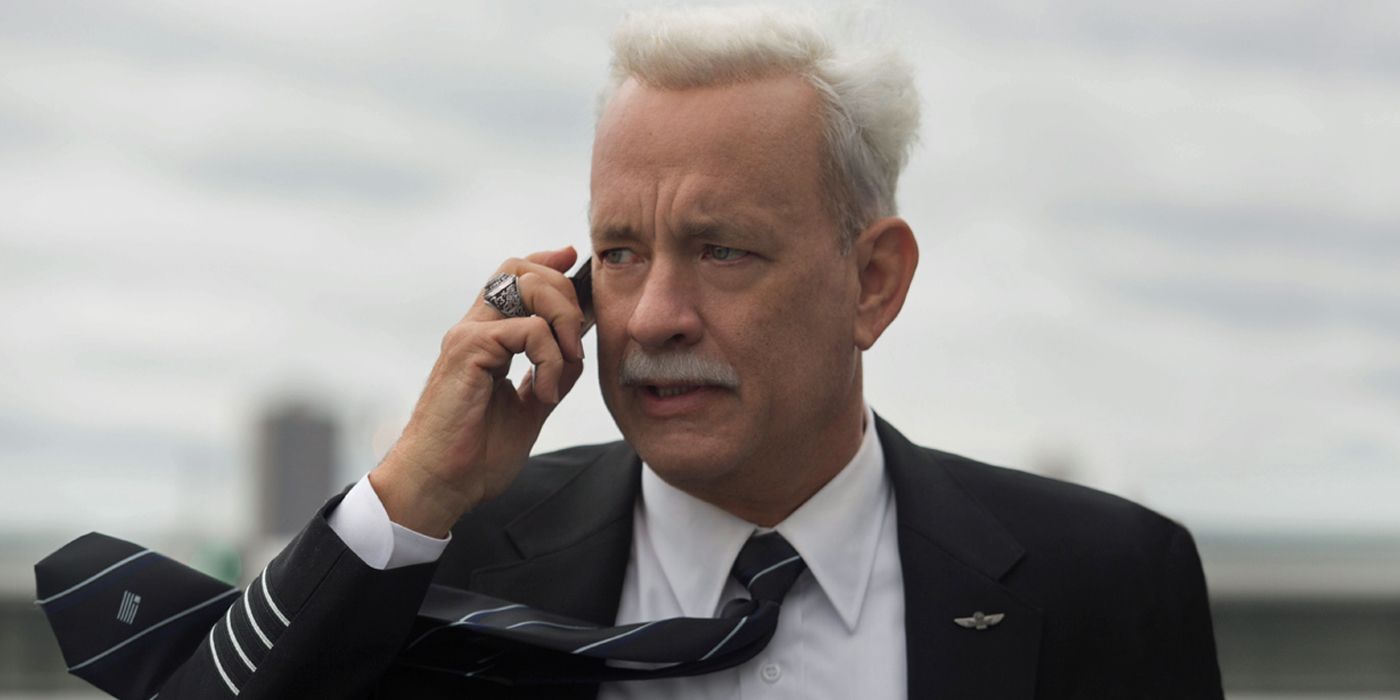 Tom Hanks talking on a cellphone in Sully