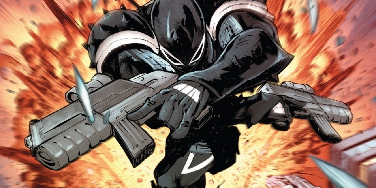 Agent Venom leaping away from an explosion, guns in his hands, in Marvel Comics