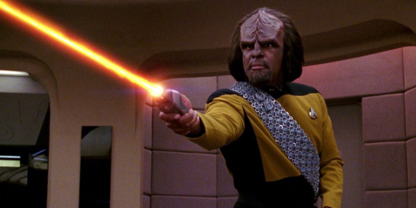Worf fires his phaser