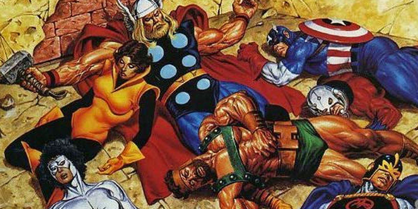 Marvel Under Siege Avengers including Thor, Hercules, and Captain America laying on the ground defeated.