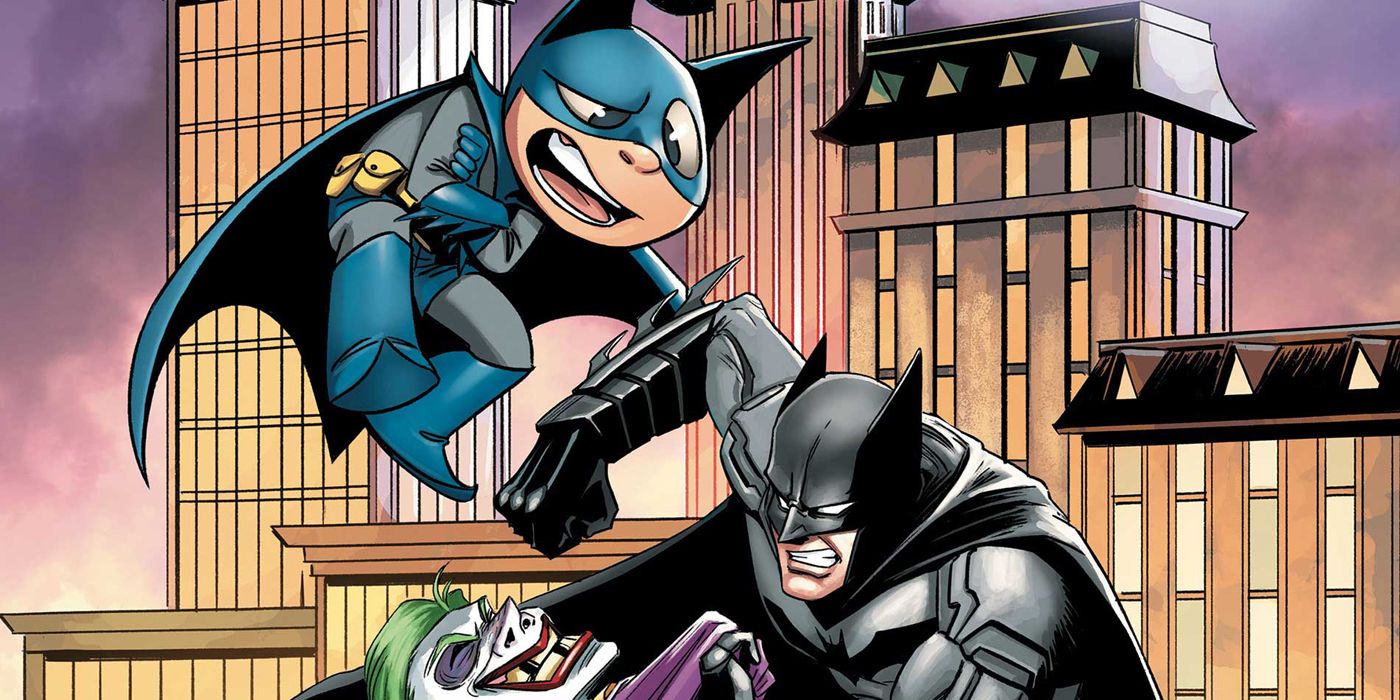 An image of Bat-Mite observing Batman in the pages of DC Comics.