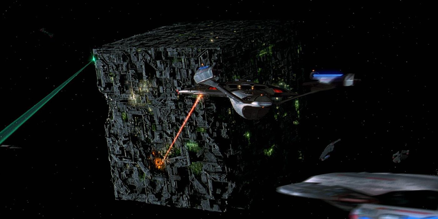 A Borg Cube facing off with Starfleet ship in Star Trek: First Contact