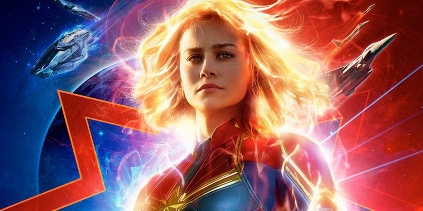 Official poster featuring a glowing Brie Larson as Captain Marvel against a space background