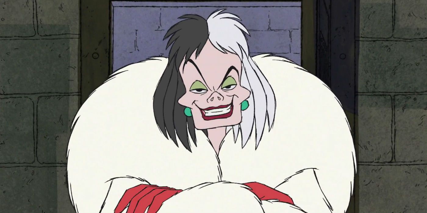 Cruella de Vil with her arms crossed as she grins maliciously