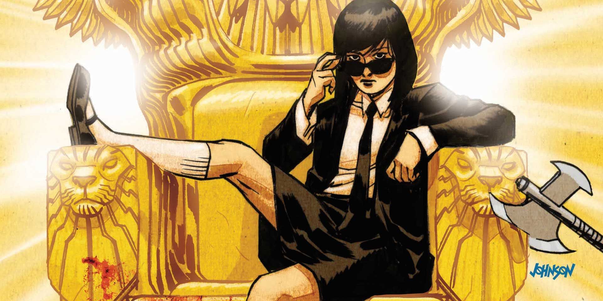 Elaine Belloc sits on a golden throne in DC Comics