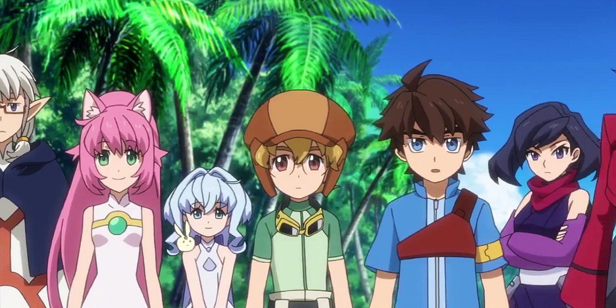 Characters posing in front of palm trees in Gundam Build Divers (2018).
