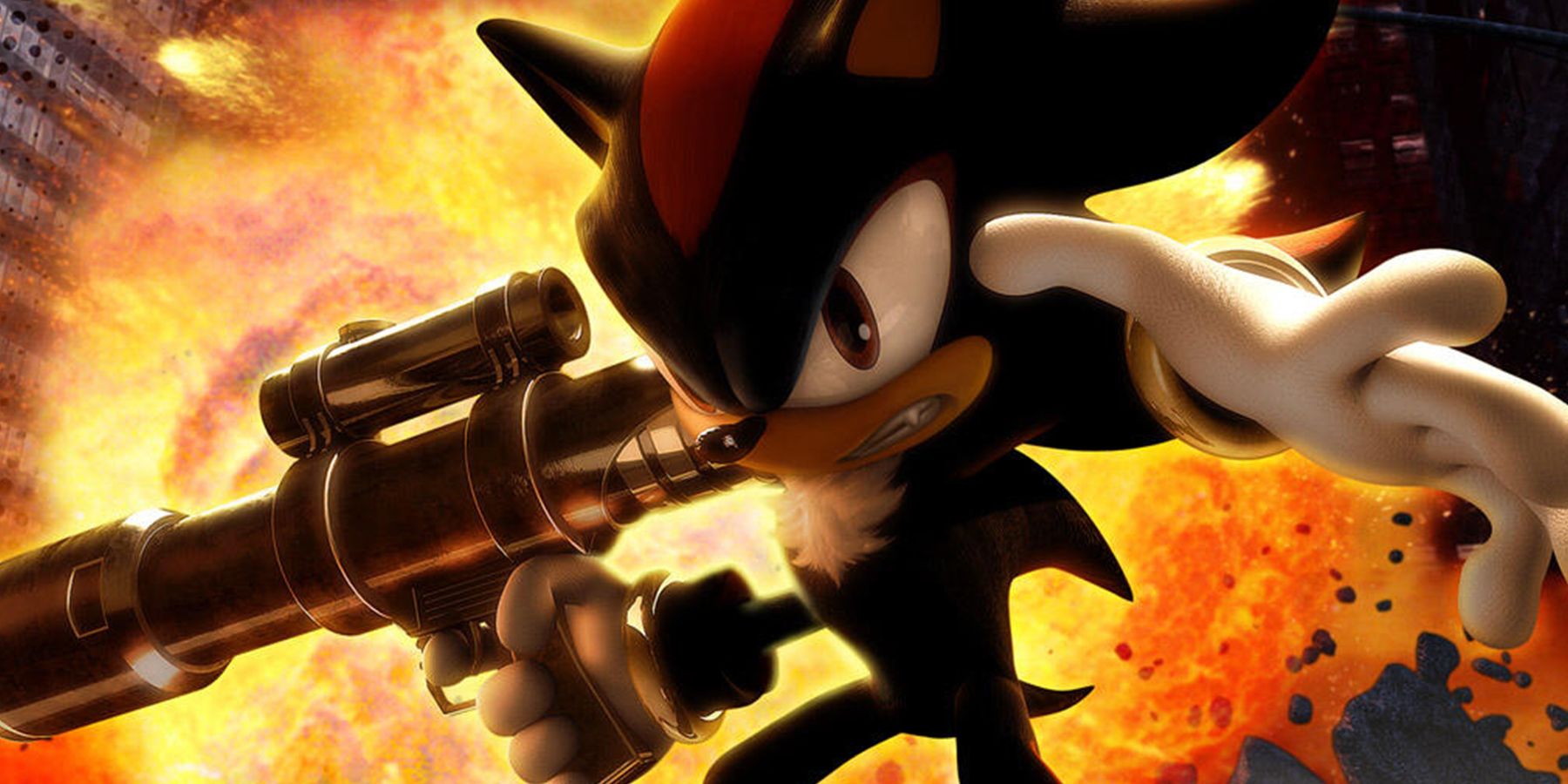 Shadow the Hedgehog segurando uma arma enquanto algo explode no fundo atrás dele