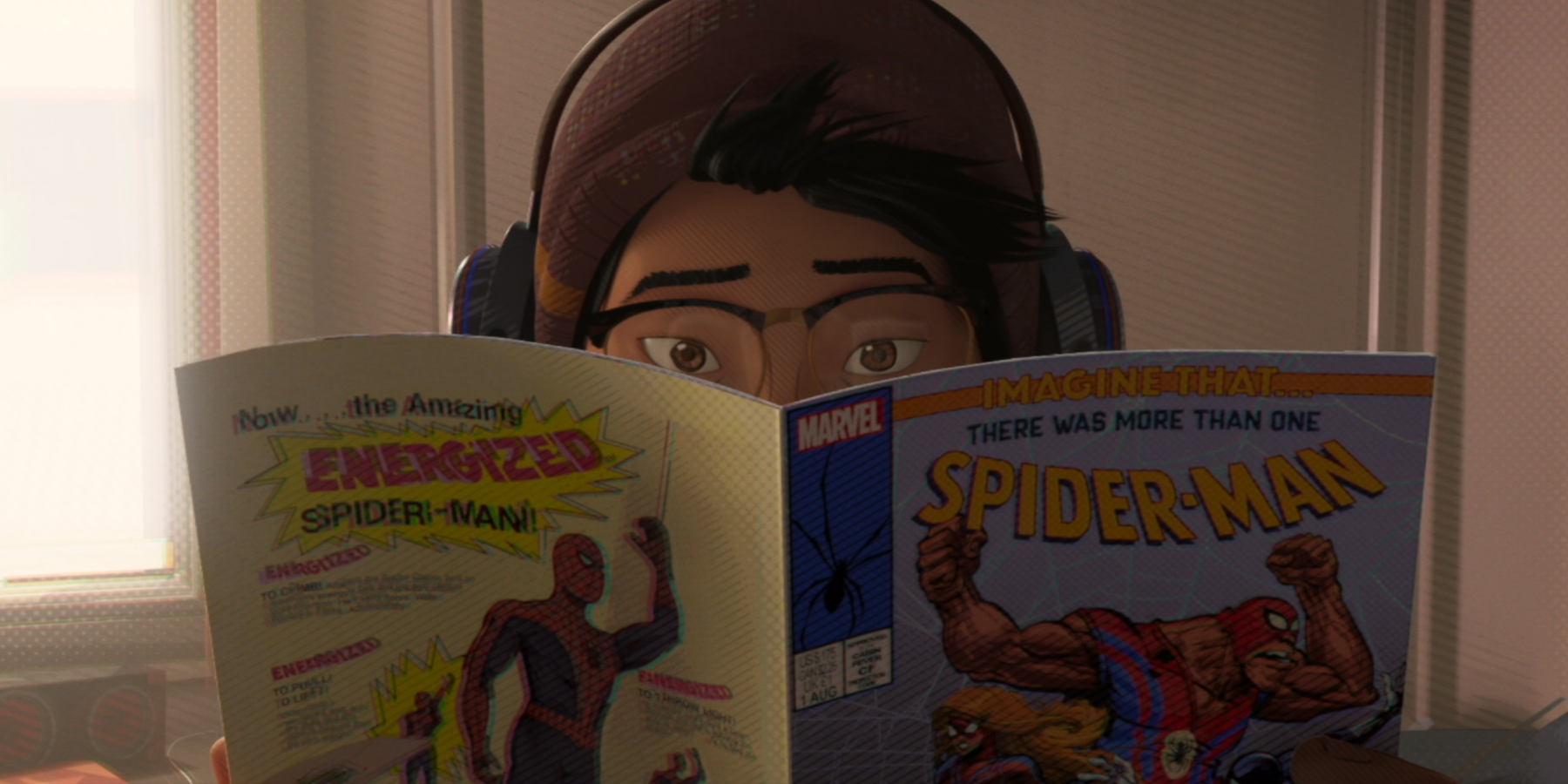 Ganke Lee reading comics with headphones on in Spider-Man: Into the Spider-Verse