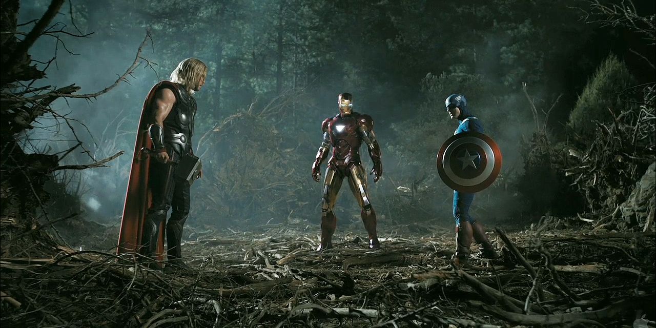Captain America, Thor, and Iron Man having a stand off in Avengers 2012