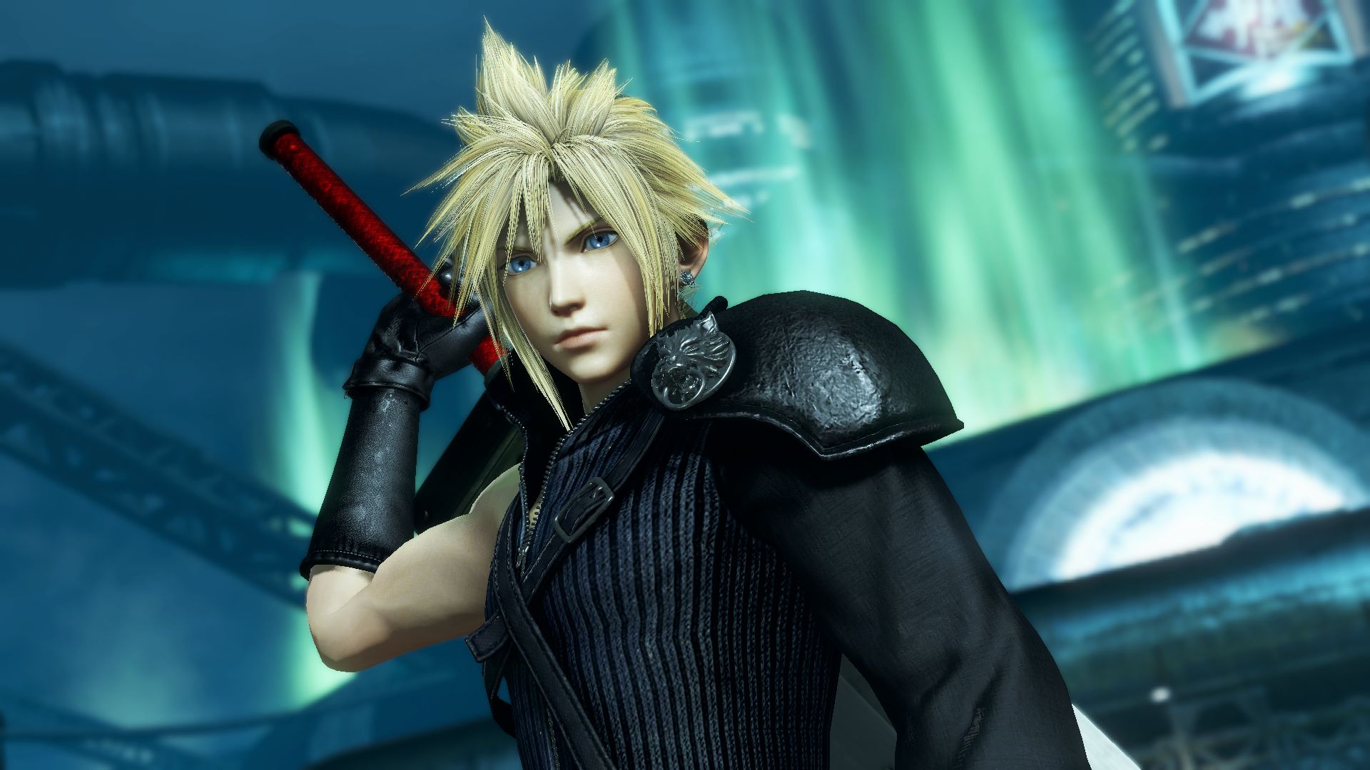 Cloud Strife reaching up to grab his sword on his back in Final Fantasy 7