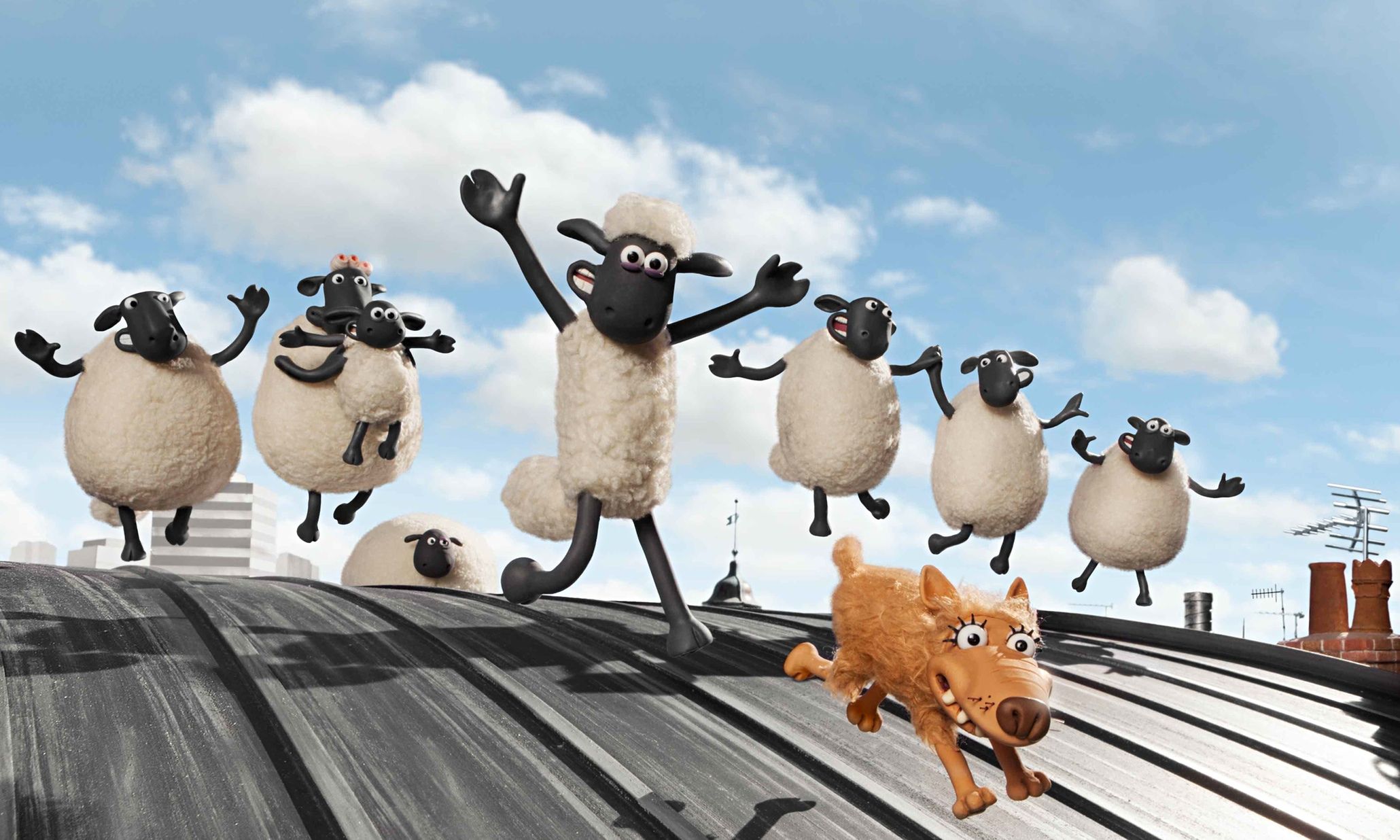 Shaun and multiple sheep celebrating 
