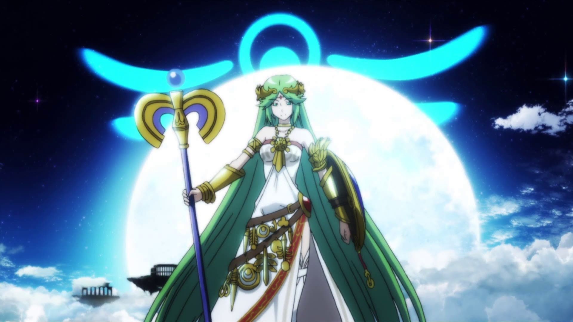 Palutena casting magic in front of the moon in Kid Icarus