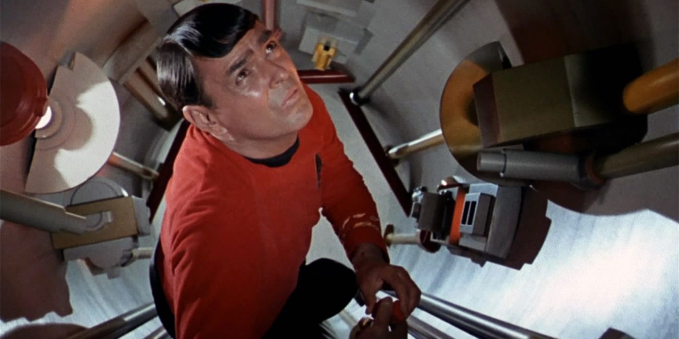 Scotty in Jeffries Tube in Star Trek The Original Series.