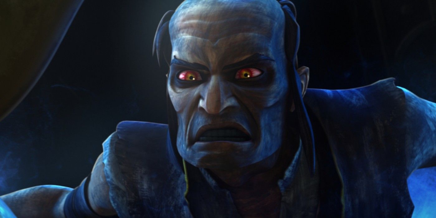 Sifo-Dyas scowls with blood red eyes in The Clone Wars.