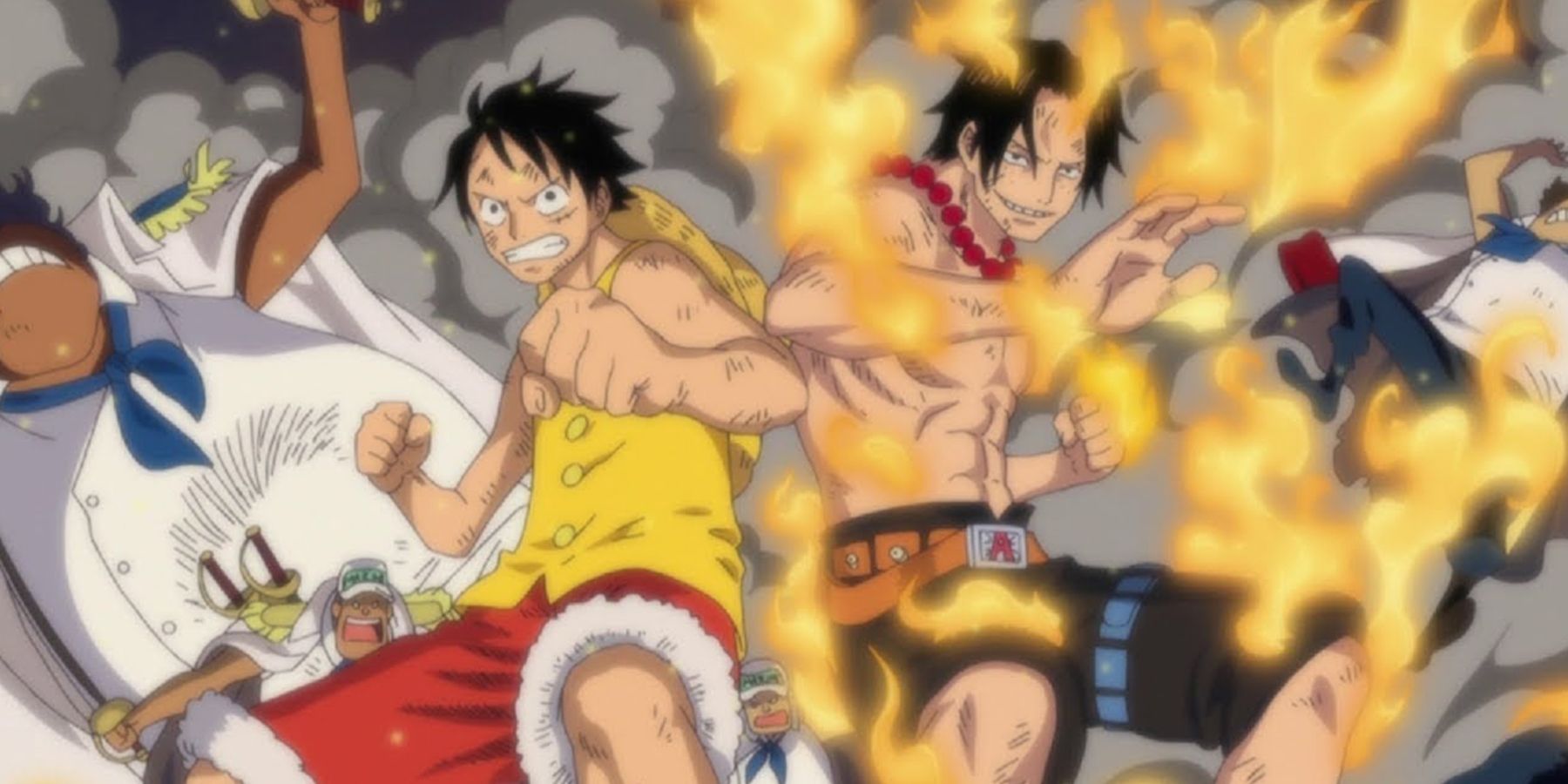 portgas d. ace and monkey d. luffy stand side by side in one piece's marineford arc