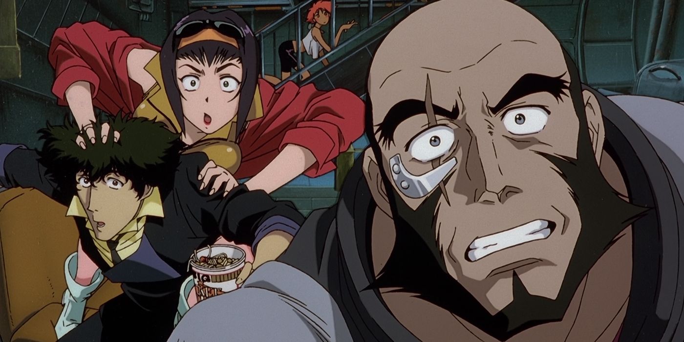 Spike, Jet, and Faye climbing over each other to look at something surprising offscreen (Cowboy Bebop)