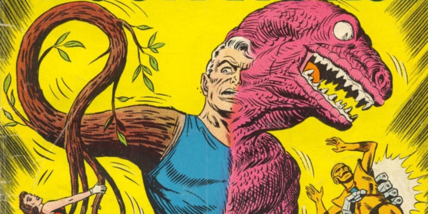 Comic book panel of Animal-Vegetable-Mineral Man turning into a half-dinosaur, half-tree beast