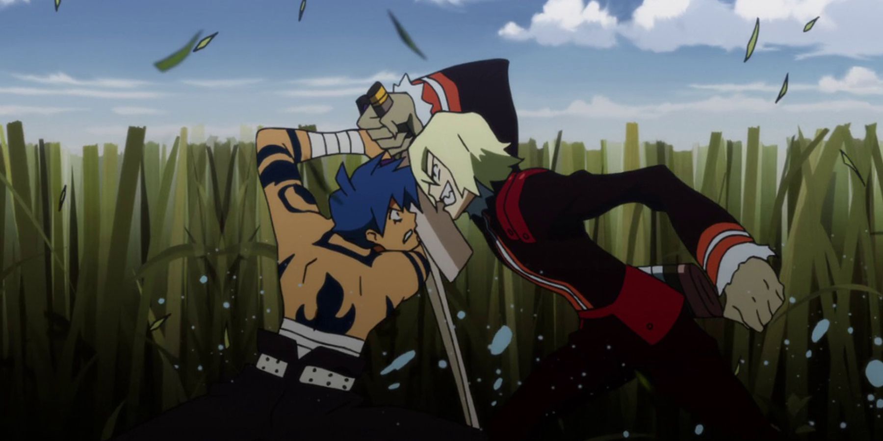 Kamina (left) and Viral (right) clashing blades during the events of Gurren Lagann
