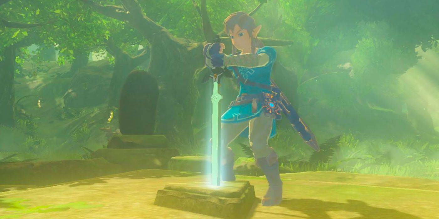 Link pulls the Master Sword from the stone in Breath of the Wild