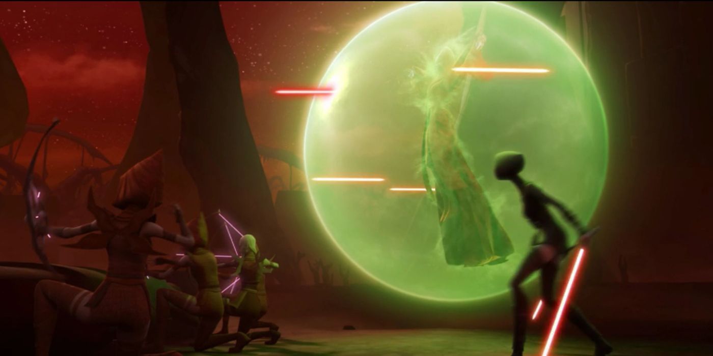 Ventress fights as the Night Sister makes a Force bubble