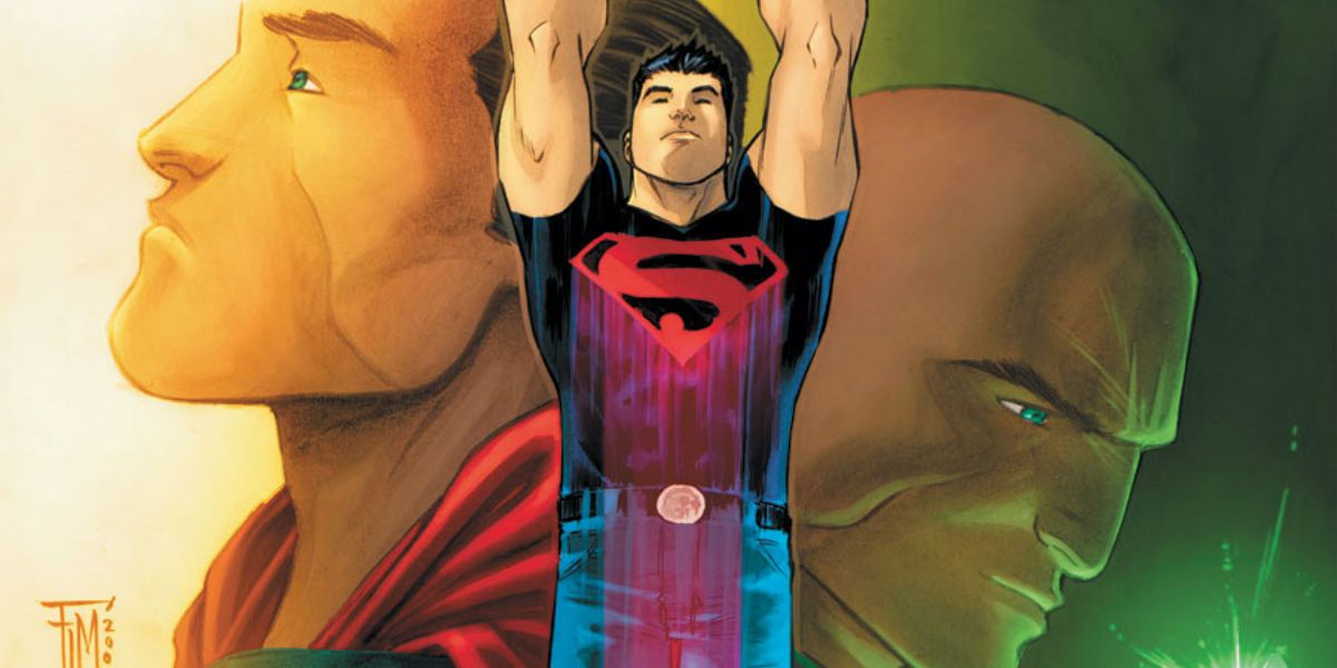 Superboy flying through the air between Superman and Lex Luthor in DC Comics